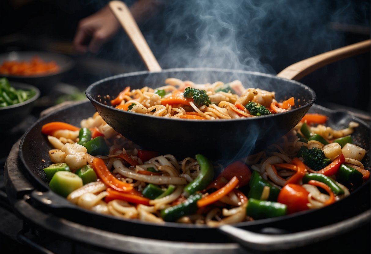 Sizzling wok stir-frying halal Chinese ingredients with precision and finesse