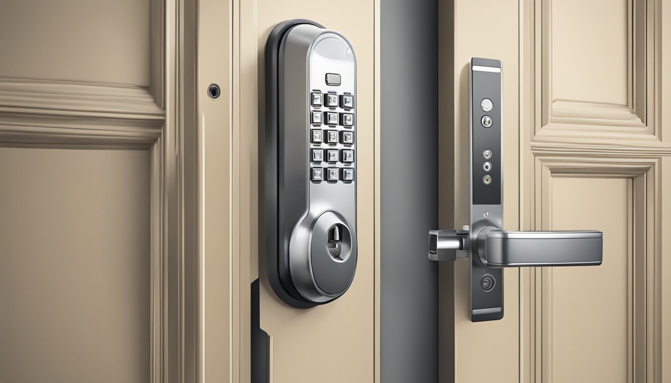 A digital lock being installed on a door with a sleek, modern design. The lock is being secured with screws and wires, showcasing its advanced security features