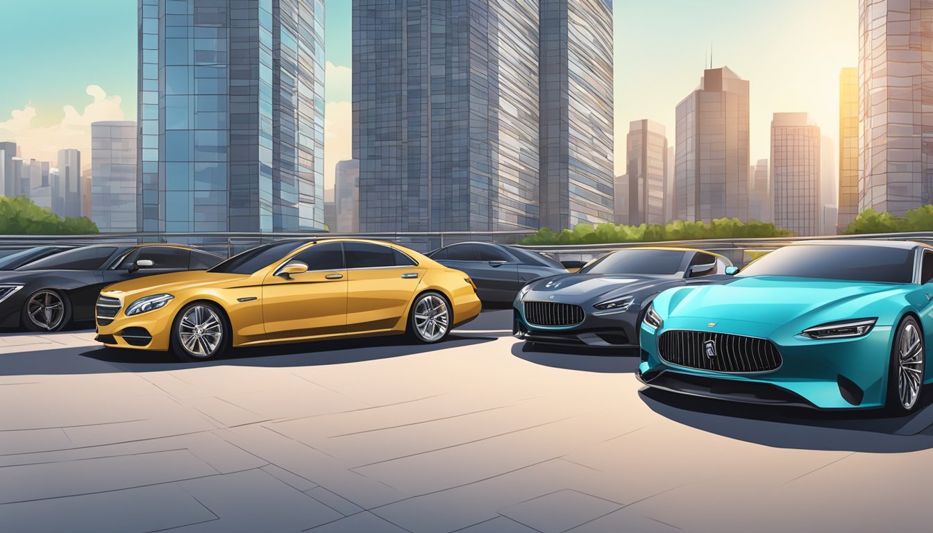 Luxury cars parked outside modern high-rise buildings with city skyline in background