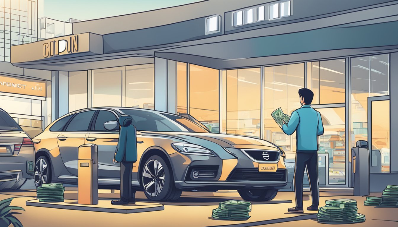 A person counting money in front of a car dealership in Singapore