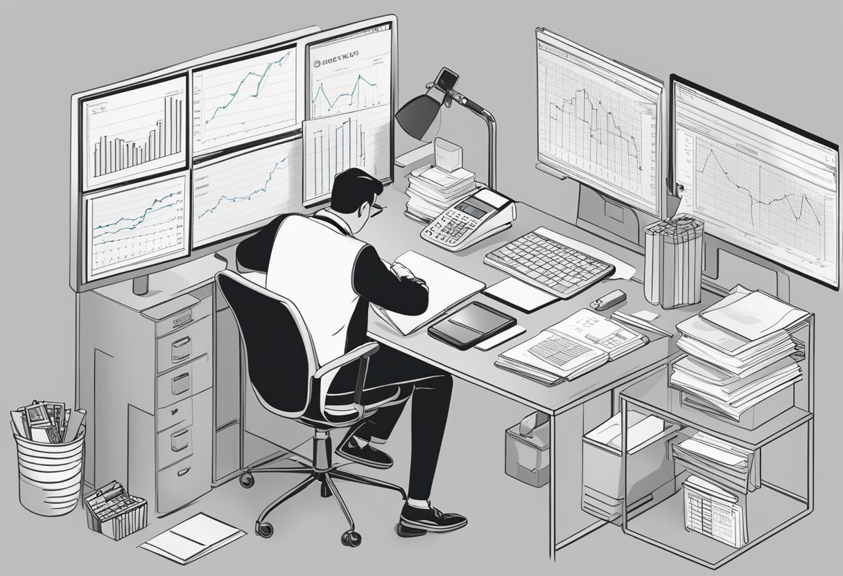 A person sitting at a desk, surrounded by charts and graphs, with a calculator and pen in hand, pondering budgeting for marketing