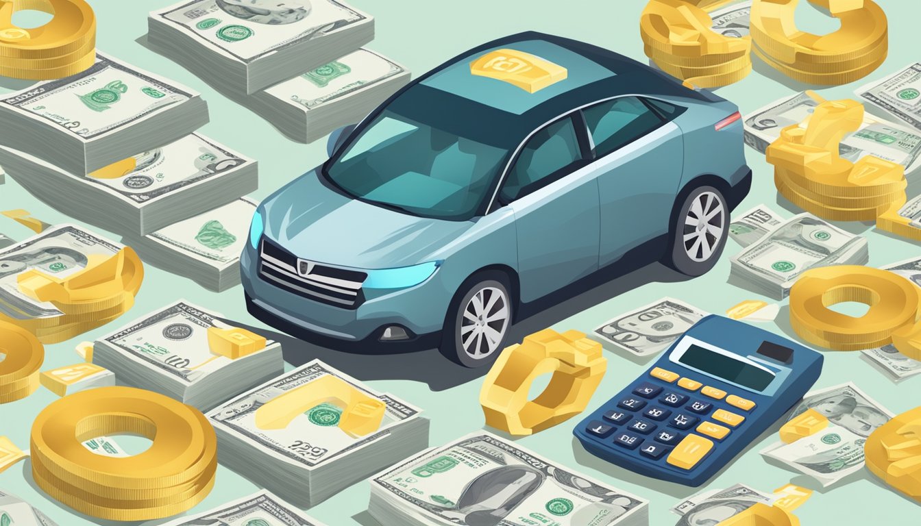 A car surrounded by dollar signs and a calculator, with a chart showing the cost of car ownership in Singapore