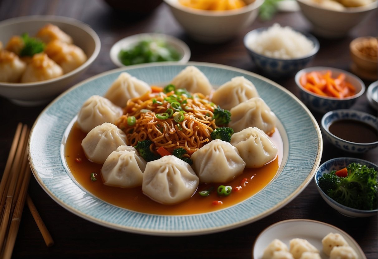 A table set with halal Chinese dishes for a special occasion, featuring colorful and aromatic dishes like steamed dumplings, stir-fried noodles, and sweet and sour tofu