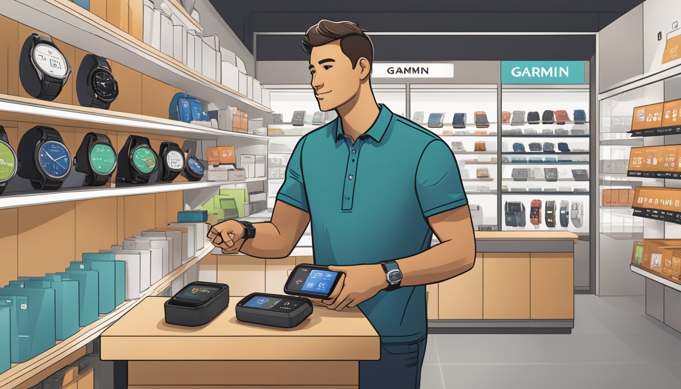 A person browsing a store display, pointing at a Garmin Instinct watch. Other electronic devices and signage are visible in the background