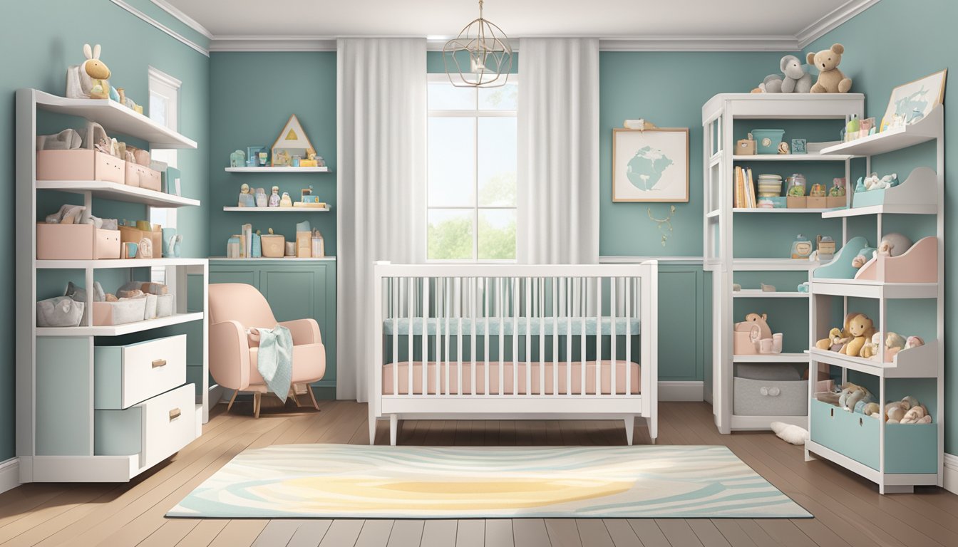 A modern nursery with stylish baby products displayed on sleek shelves