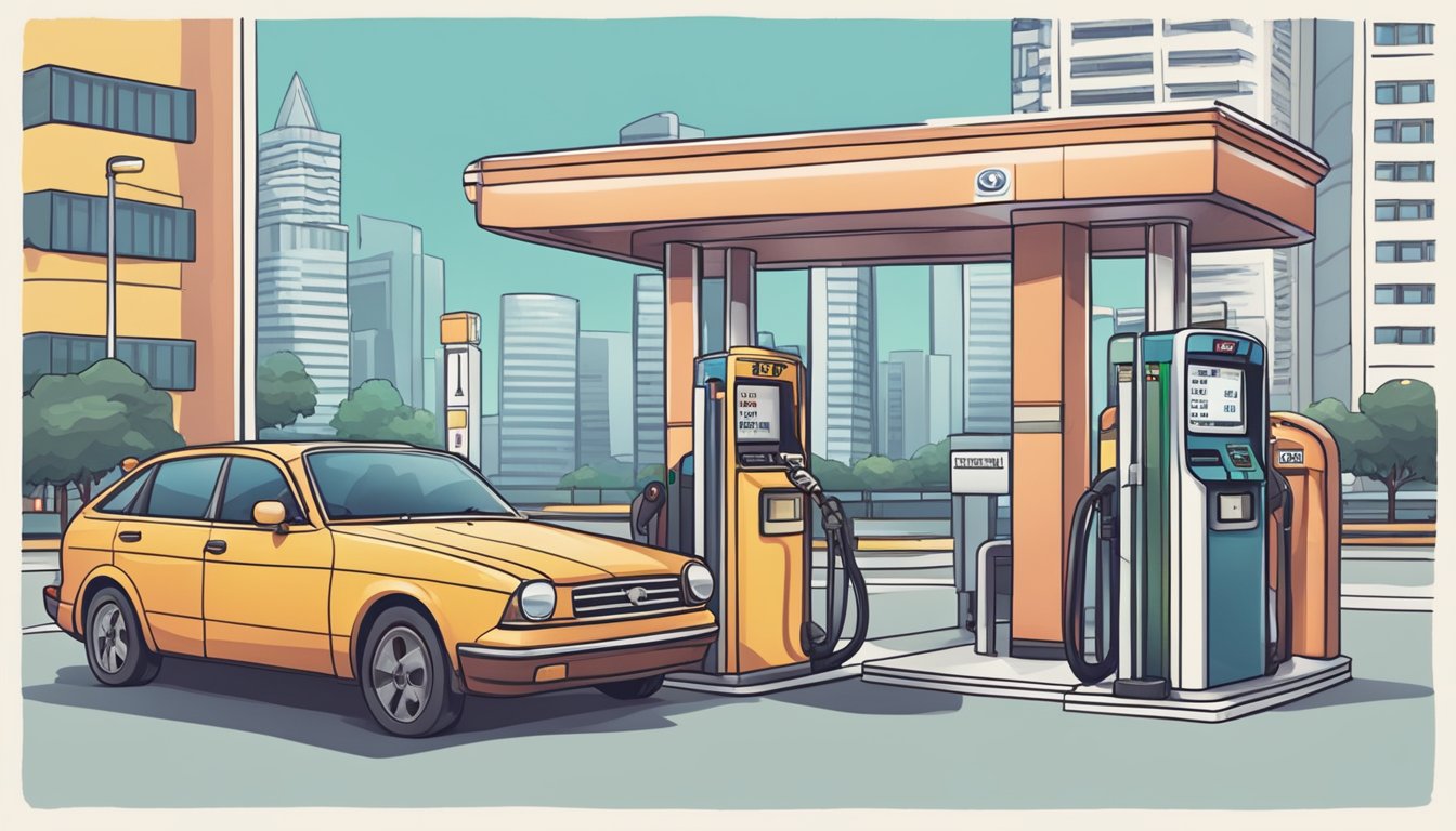 A car parked in a city setting with a gas pump, toll booth, and parking meter nearby, showcasing the day-to-day expenses of owning a car in Singapore
