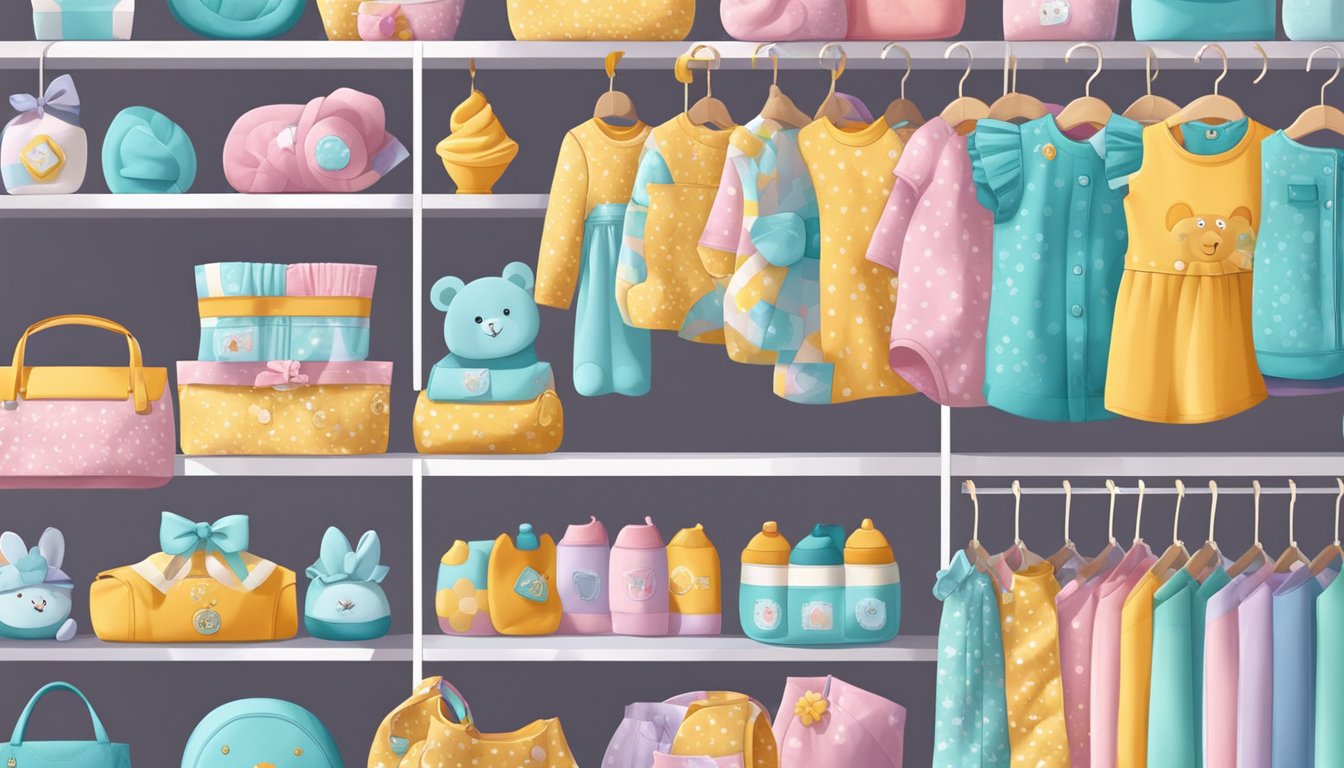 A colorful display of trendy baby brands on shelves, featuring stylish clothing, accessories, and toys. Bright and modern packaging catches the eye