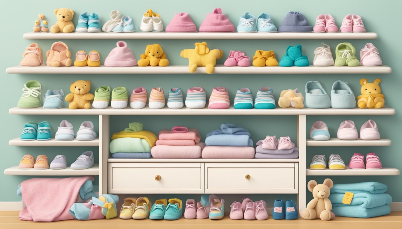 A colorful array of trendy baby brands arranged neatly on a shelf. Cute onesies, tiny shoes, soft blankets, and adorable toys are displayed, creating a delightful and inviting scene