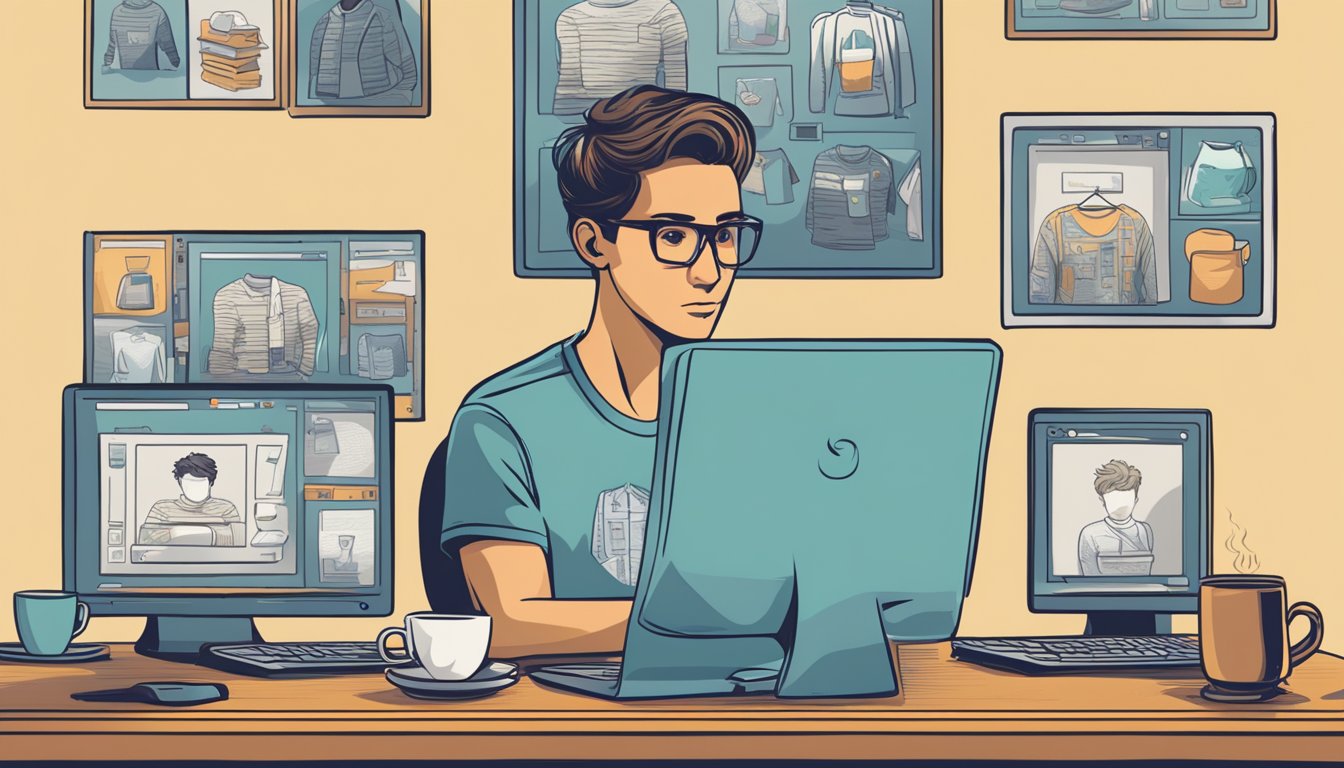 A person browsing through a variety of t-shirt designs on a computer screen, with a thoughtful expression and a cup of coffee nearby