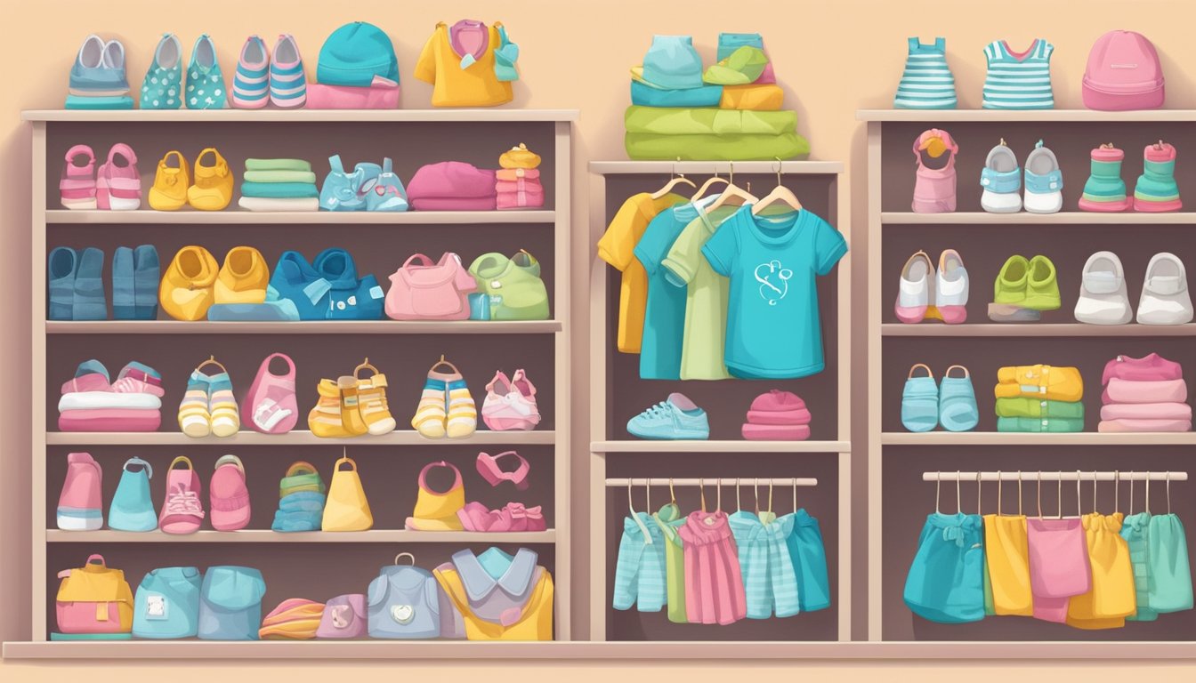A stack of colorful baby clothing and accessories arranged neatly on shelves, with a sign reading "Frequently Asked Questions trendy baby brands" displayed prominently