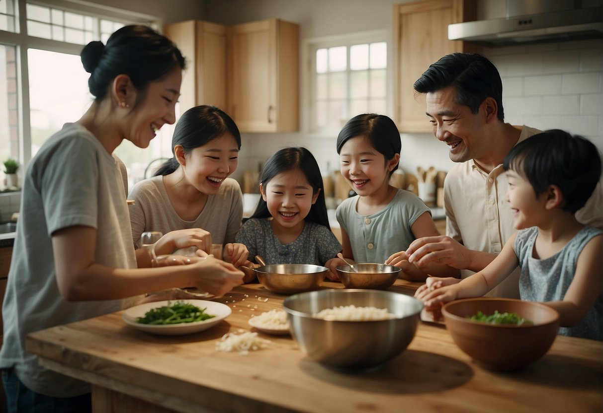 A family gathers around a table, smiling and laughing as they cook and share a traditional Chinese recipe. Ingredients and cooking utensils are scattered across the counter
