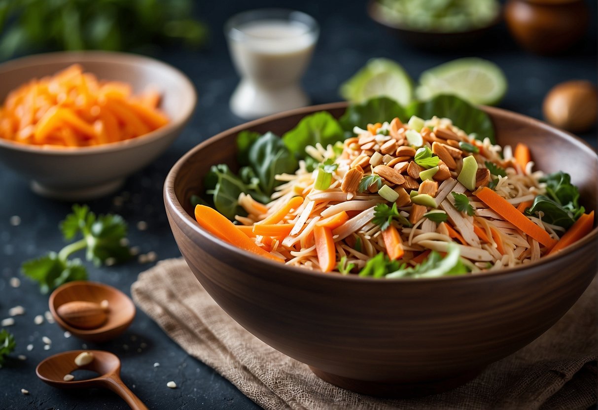 A colorful bowl filled with shredded chicken, mixed greens, carrots, almonds, and sesame seeds, topped with a tangy ginger dressing