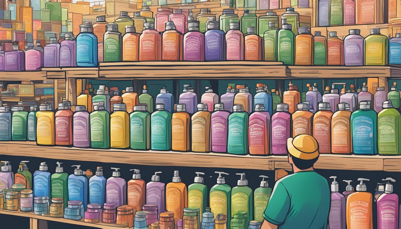 A bustling Singaporean market stall displays colorful bottles of Dr. Bronner's soap, surrounded by eager customers