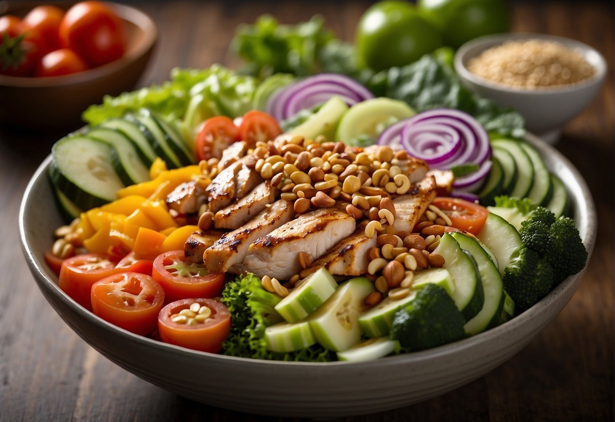 A colorful array of fresh vegetables, grilled chicken, and crunchy nuts are artfully arranged in a large bowl, drizzled with a tangy, sesame dressing