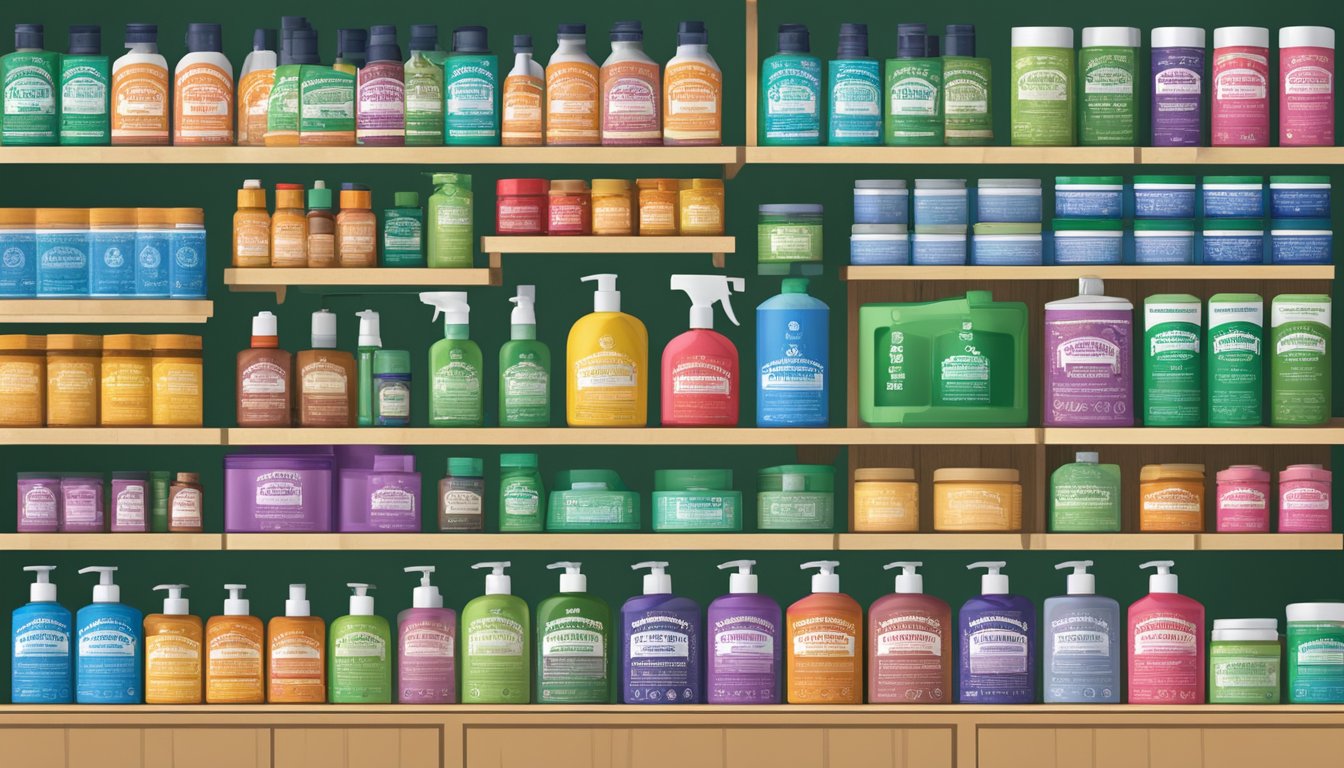 A display of Dr. Bronner's products arranged on shelves with colorful labels and natural ingredients. A sign indicates "Where to buy Dr. Bronner in Singapore."