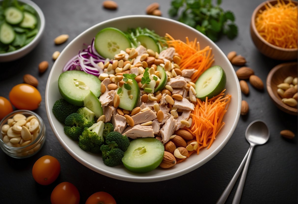 A vibrant bowl of Chinese chicken salad surrounded by fresh vegetables, nuts, and a variety of healthy ingredients
