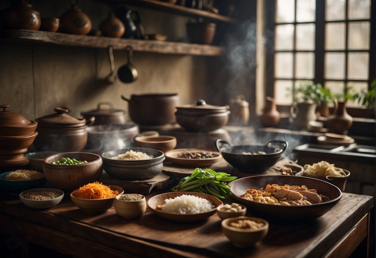 A traditional Chinese kitchen with various ingredients and cooking utensils laid out, showcasing the rich history and origin of the Happy Family recipe
