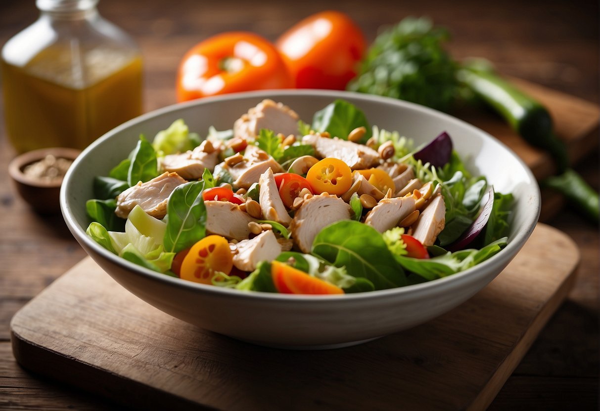 A bowl of Chinese chicken salad sits on a wooden table, surrounded by fresh vegetables and a bottle of homemade dressing