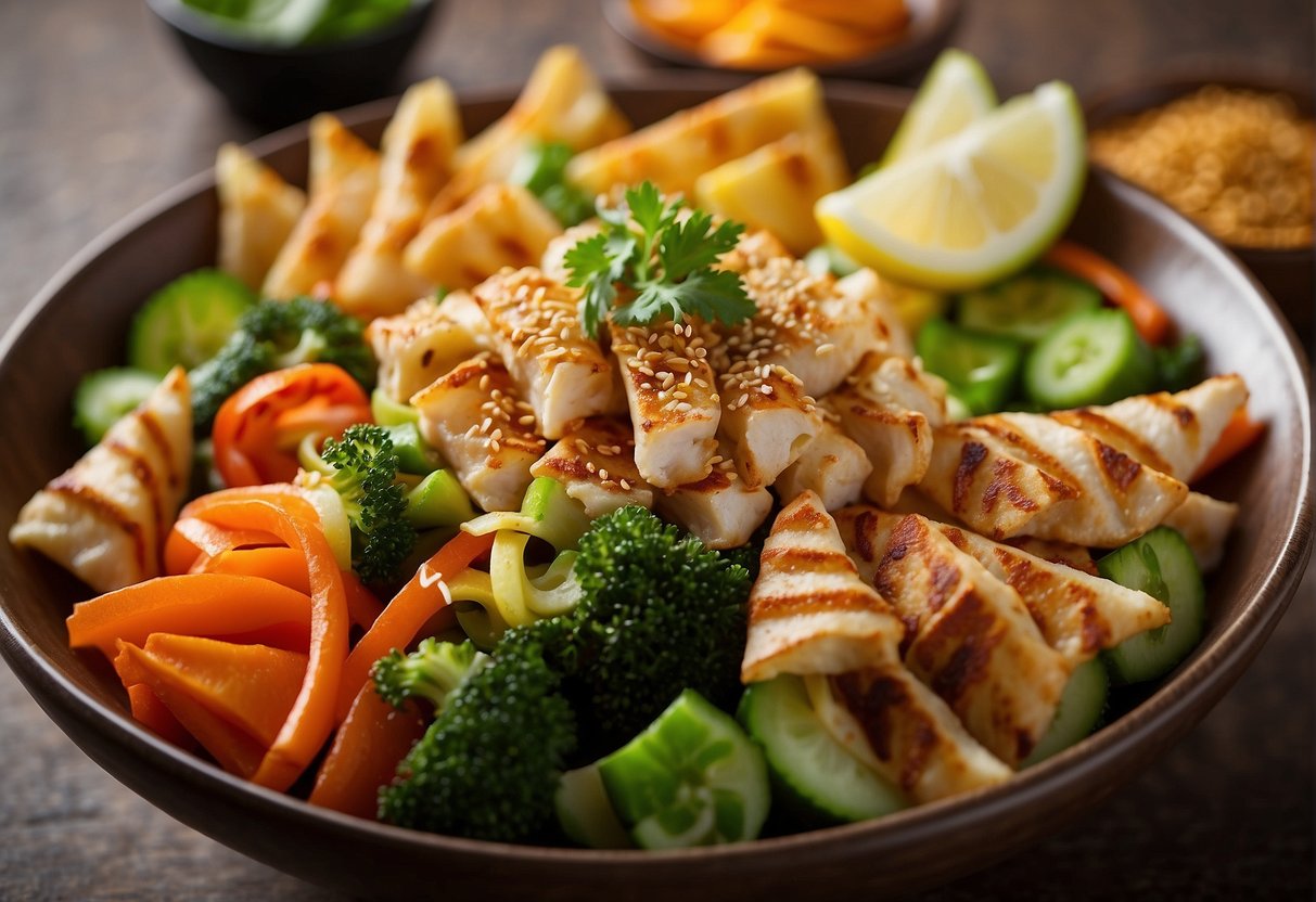 A colorful array of fresh vegetables, grilled chicken, and crunchy wonton strips arranged in a bowl, topped with sesame dressing