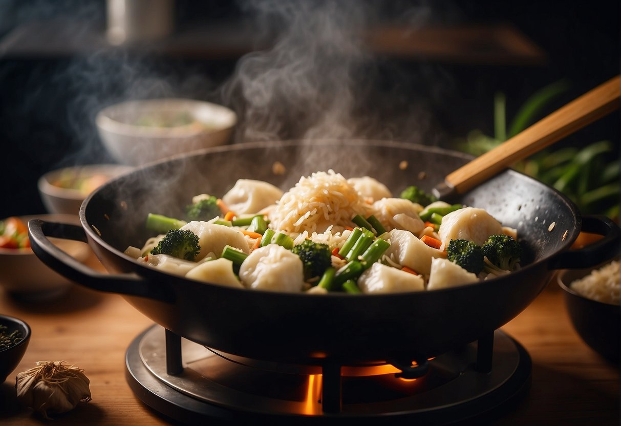 A wok sizzles over a gas flame as a cleaver chops garlic and ginger. Steam rises from a bamboo steamer filled with dumplings. A mortar and pestle crushes spices, while a rice cooker hums in the background