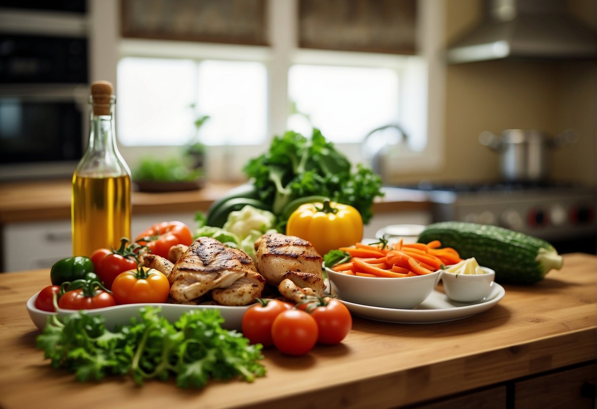 A vibrant kitchen counter displays fresh vegetables, grilled chicken, and a bottle of homemade vinaigrette, ready to be tossed into a delicious Chinese chicken salad