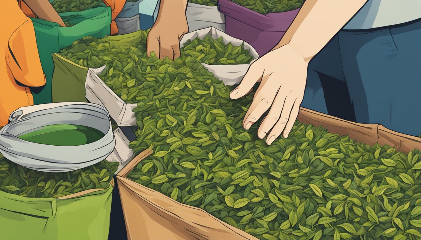 A hand reaches for a bag of tea leaves in a bustling Singapore marketplace. The vibrant colors and exotic scents create a lively atmosphere