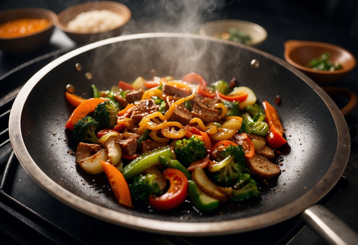 A wok sizzles with stir-fried vegetables and tender slices of meat, while a fragrant sauce is poured over the dish