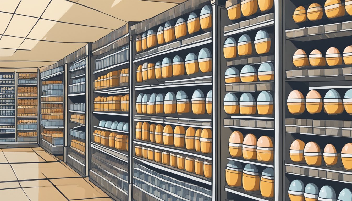 Shelves lined with egg crates in a well-lit retail store, displaying various sizes and colors. Labels indicate prices and product information