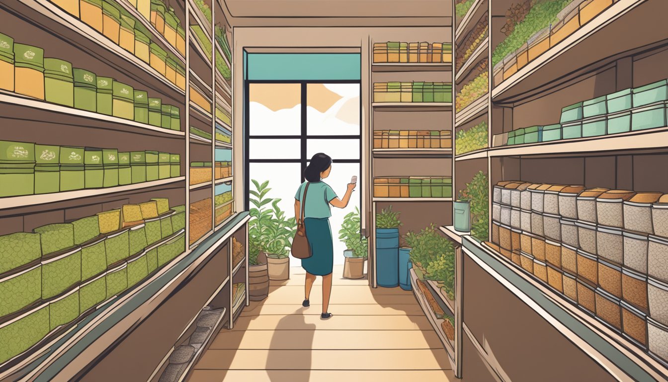 A person explores shelves of tea leaves in a Singaporean shop, surrounded by colorful varieties and enticing aromas