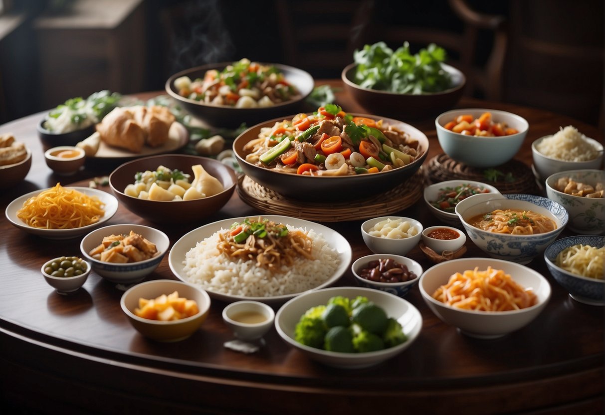 A table with various Chinese dishes, surrounded by a happy family. Nutritional information labels on each dish