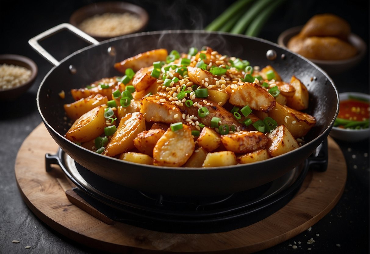 A wok sizzles as chicken and potatoes fry in a savory sauce. Green onions and sesame seeds sprinkle on top