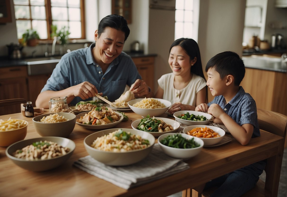 A smiling family gathers around a table, enjoying a delicious Chinese meal. A stack of recipe books sits nearby, showcasing their love for cooking