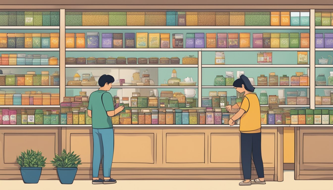 Customers browsing shelves of tea leaves in a Singaporean shop, surrounded by colorful packaging and the aroma of various blends