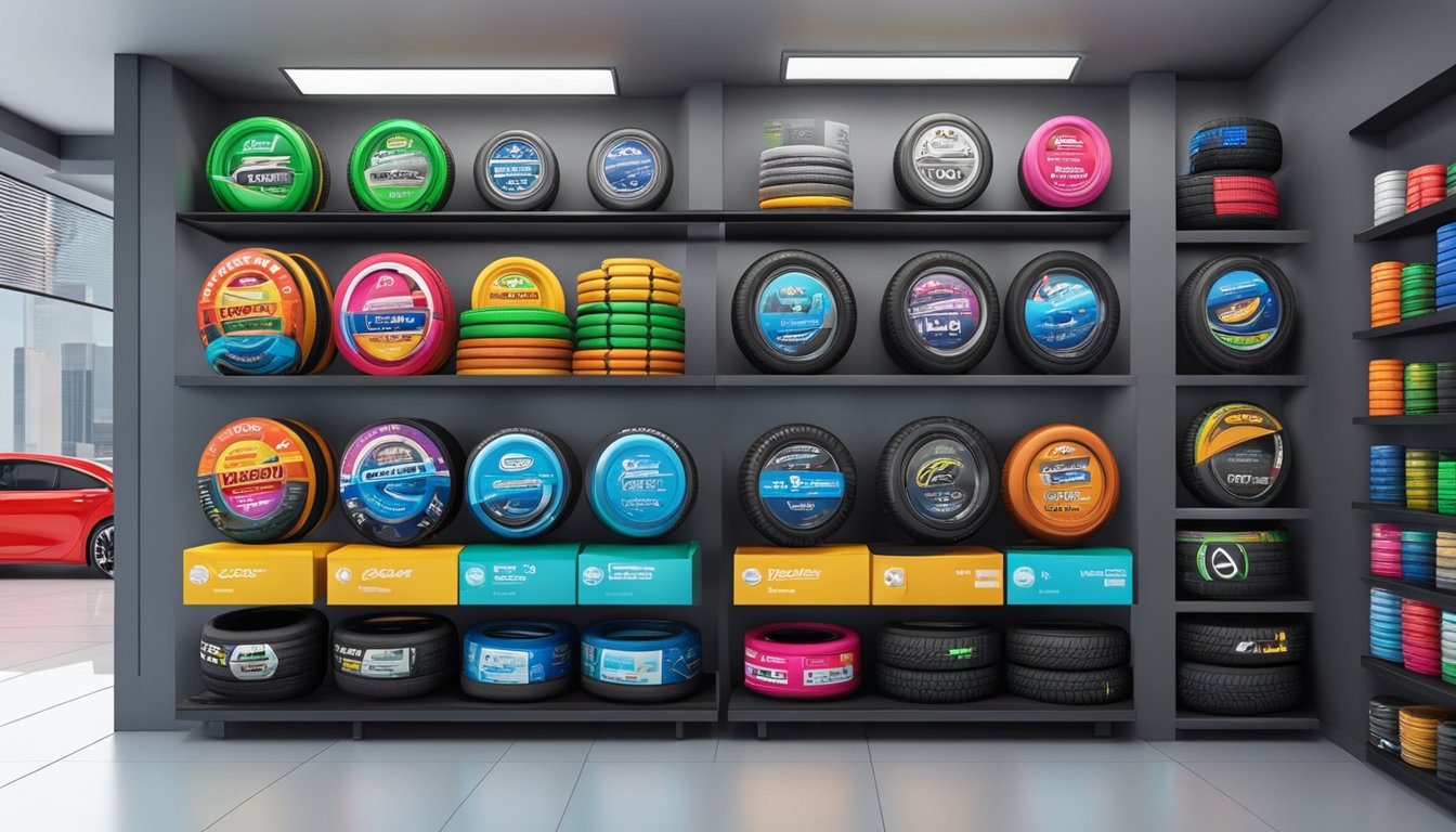 Several well-known tire brands are displayed in a modern Dubai tire shop, with colorful logos and sleek designs