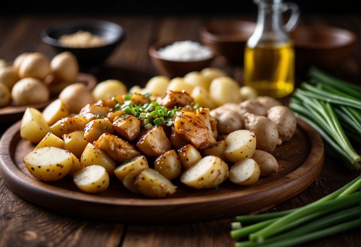 A cutting board with chicken, potatoes, soy sauce, and ginger. Bowls of garlic, green onions, and cornstarch. A skillet with sizzling oil