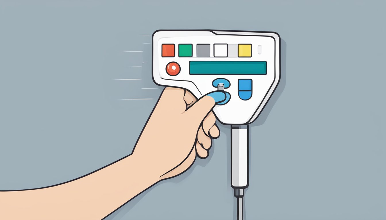 A hand holding a UL brand test tool against a white background