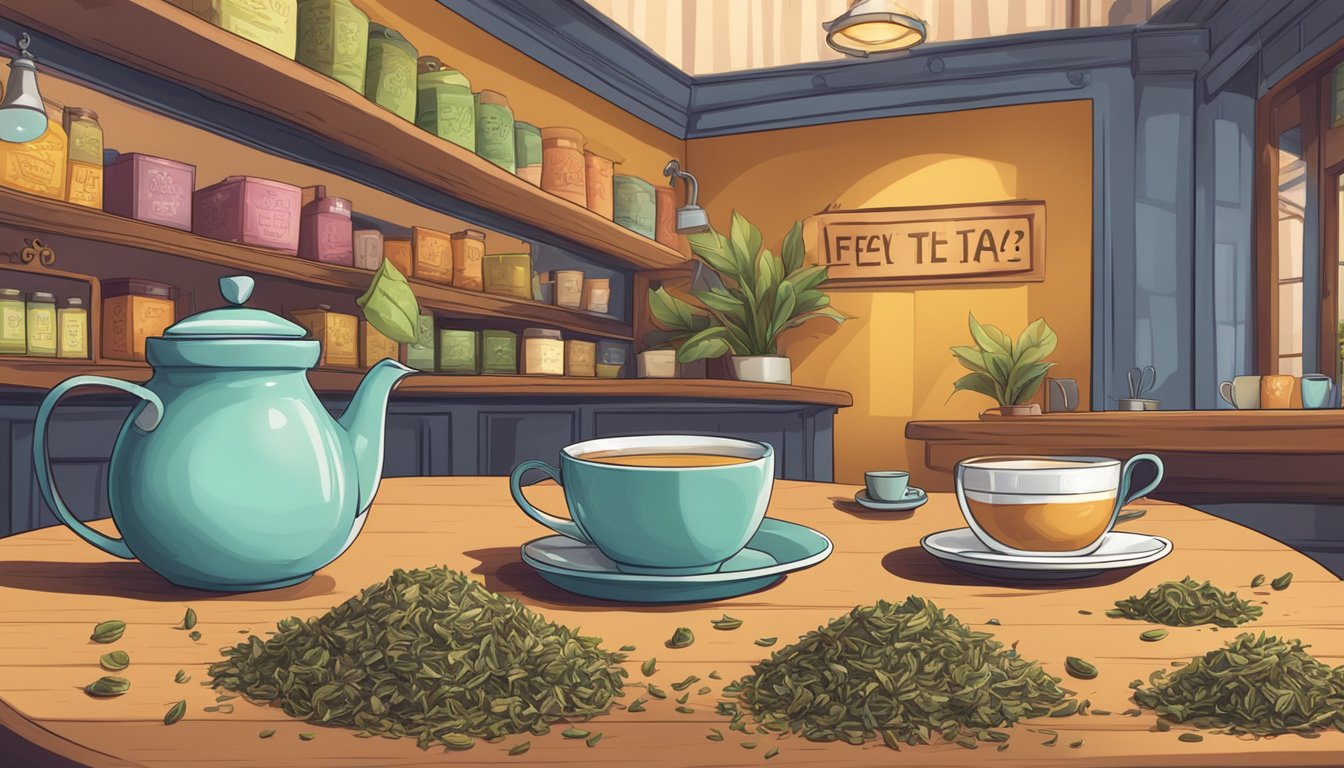 A table with assorted tea leaves in colorful packaging, a sign with "Frequently Asked Questions" in a cozy tea shop setting