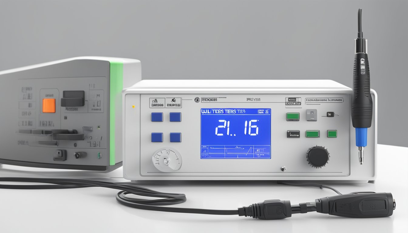 The UL brand test tool sits on a clean, white work surface, surrounded by various electronic testing equipment and cables. The tool itself is sleek and modern, with a digital display and buttons for operation