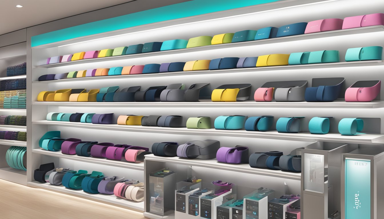 A display of Fitbit straps in a modern, well-lit store in Singapore. Shelves neatly organized with various colors and styles