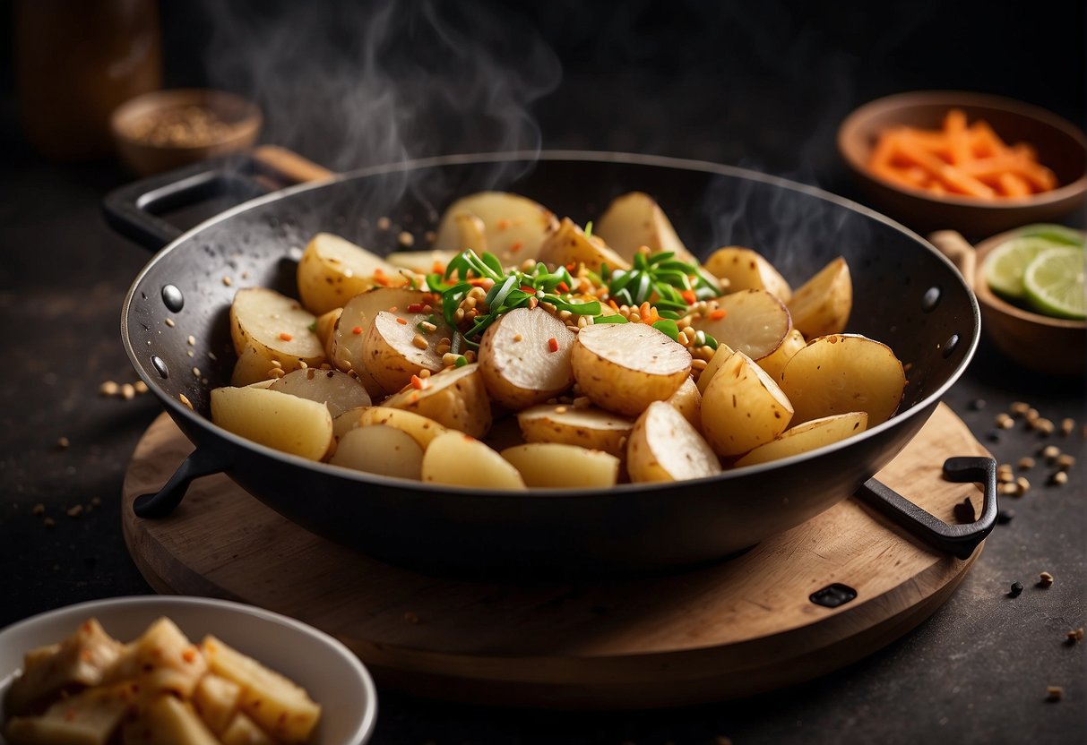 Sliced potatoes and chicken stir-frying in a wok with soy sauce and spices