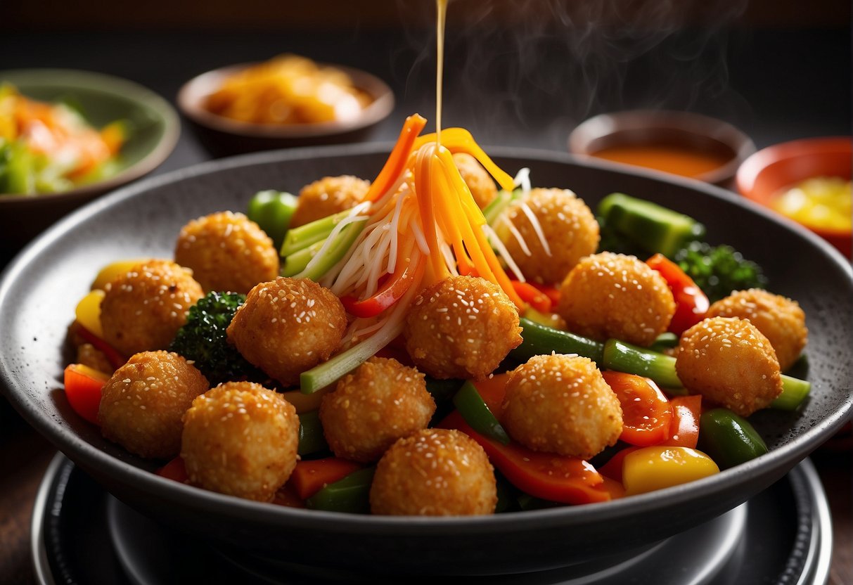 A wok sizzles with golden-fried Chinese chicken balls, surrounded by colorful vegetables and a drizzle of sweet and sour sauce