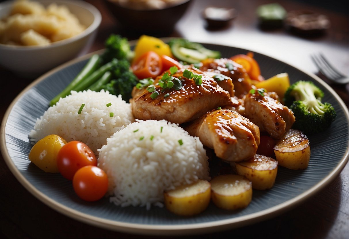 A plate of Chinese chicken and potato dish with colorful vegetables and steamed rice on the side