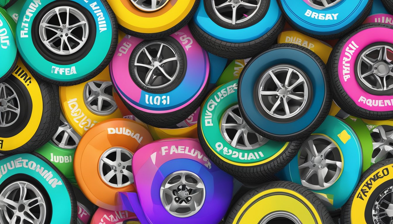 A stack of colorful tyre brands logos displayed on a digital screen with "Frequently Asked Questions" text in Dubai