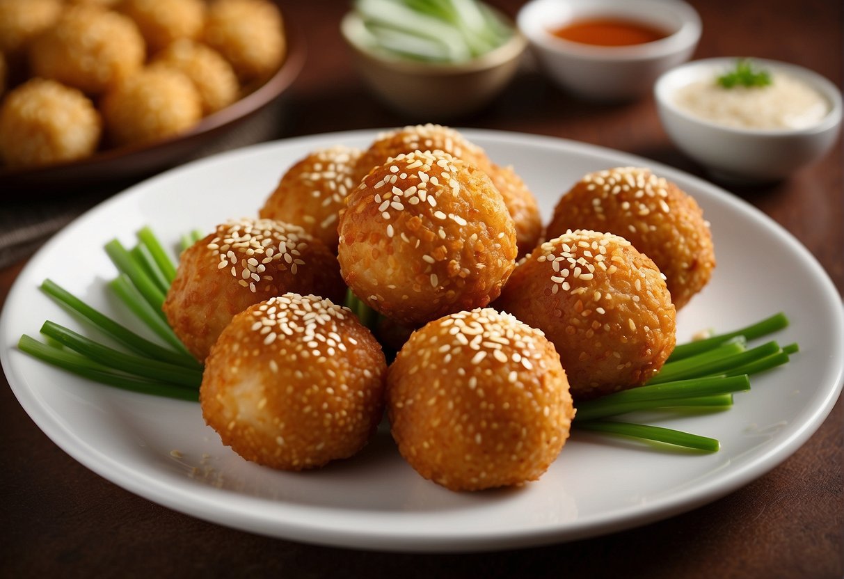 A plate of golden brown Chinese chicken balls with a side of dipping sauce, garnished with sesame seeds and chopped green onions