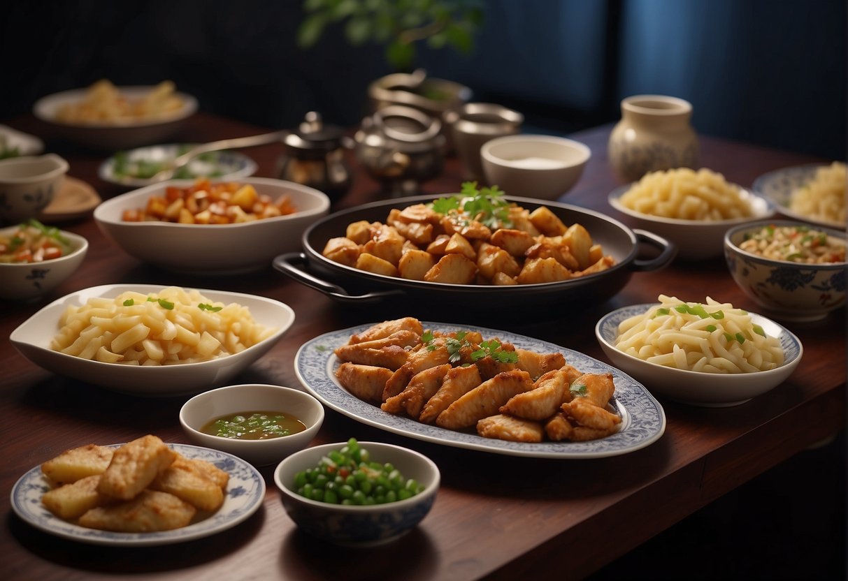 A table set with various Chinese chicken and potato dishes, showcasing cultural variations and significance