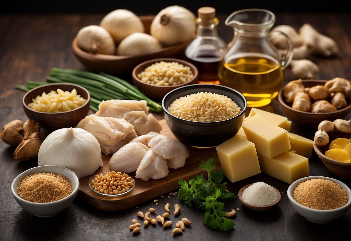 A table with various ingredients: chicken, soy sauce, ginger, garlic, cornstarch, and oil. Possible substitutes: tofu, tamari, shallots, arrowroot, and sesame oil