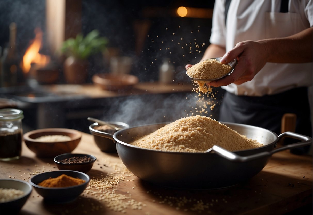 A chef mixes chicken, soy sauce, and spices in a bowl. Flour and breadcrumbs sit nearby. Oil heats in a pan on the stove