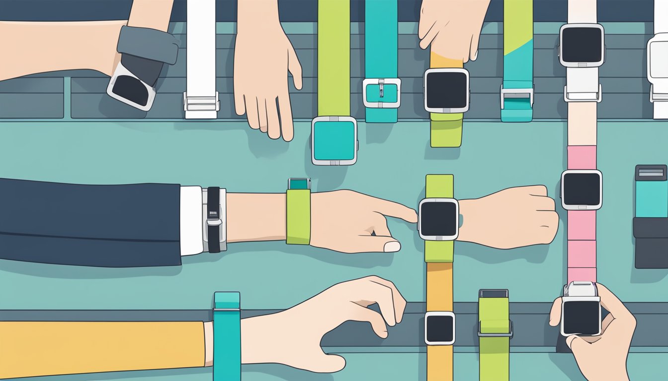 A hand reaches for a display of Fitbit straps in a Singapore store, carefully comparing the different styles and sizes available
