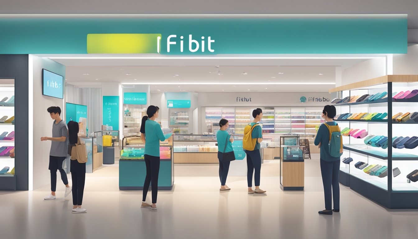 A store display showcasing various Fitbit straps in Singapore. Brightly lit with clear signage. Customers browsing and interacting with staff
