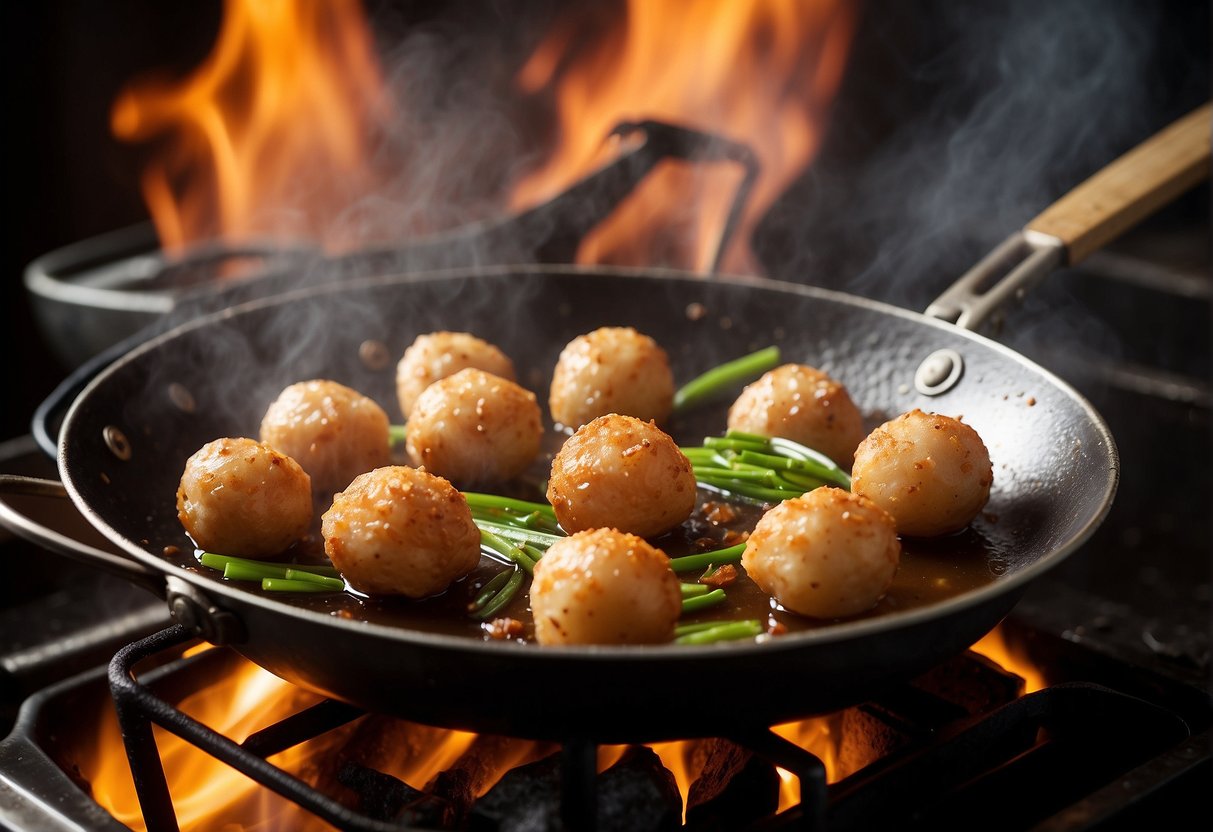 Chicken balls being fried in a wok, sizzling and turning golden brown. Ingredients like ginger, garlic, and soy sauce nearby